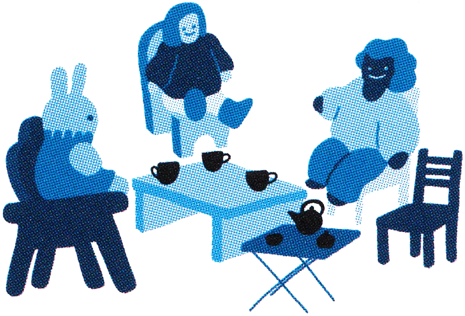 Illustration d'Almudena Pano : un lapin et deux personnages assis autour d'une table à thé